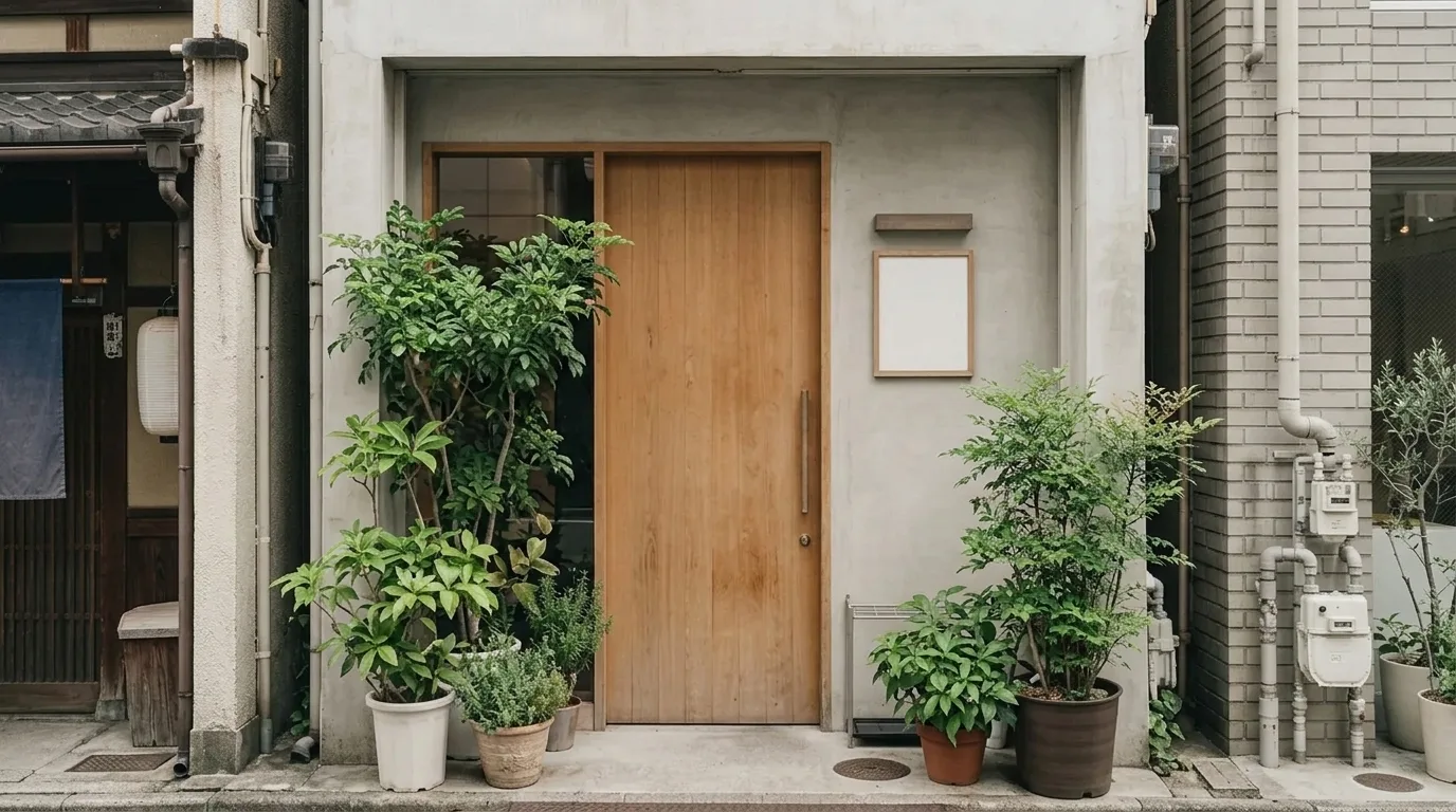認門口那幾盆植物，木門就是入口